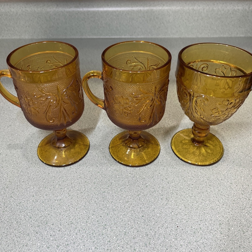 Set of 2 Amber Glass Tiara Sandwich Pedestal Cups Tall Mugs Vintage 1 Goblet